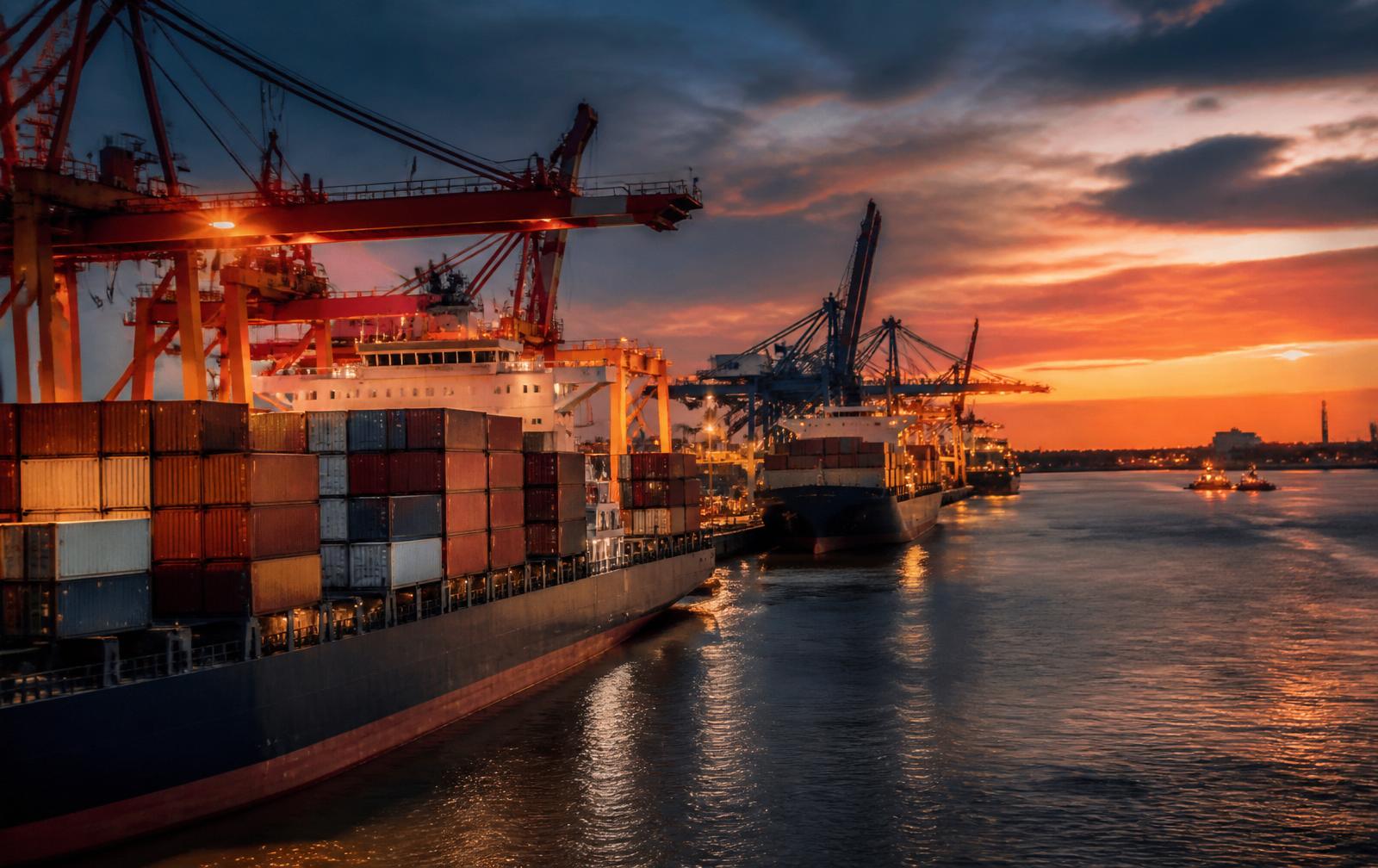 International cargo port at sunset